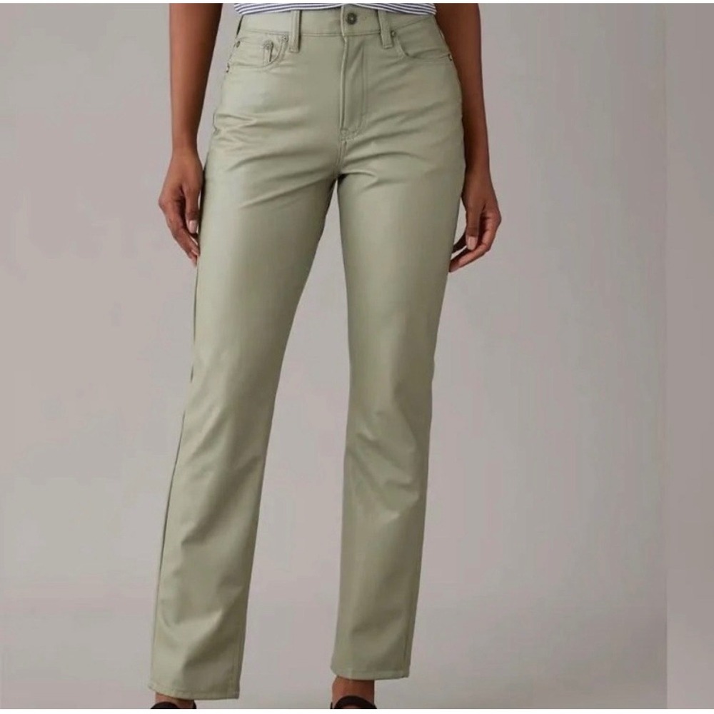 American Eagle Faux Leather Pants Women 0 Green Straight Leg High Rise Edgy Boho